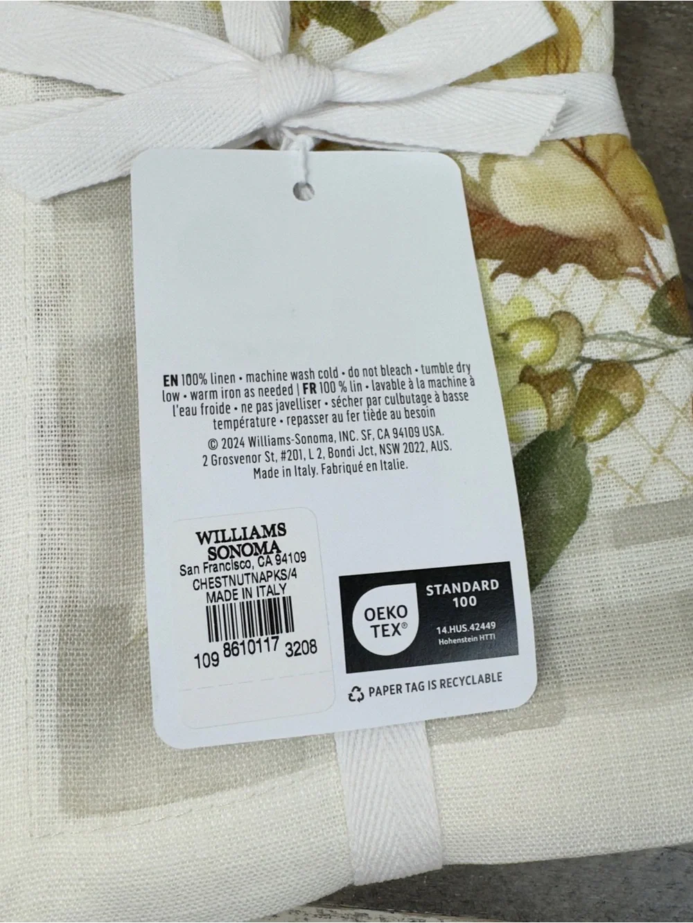 Williams Sonoma Chestnut Dinner Napkins Set/4 Multicolor NWT